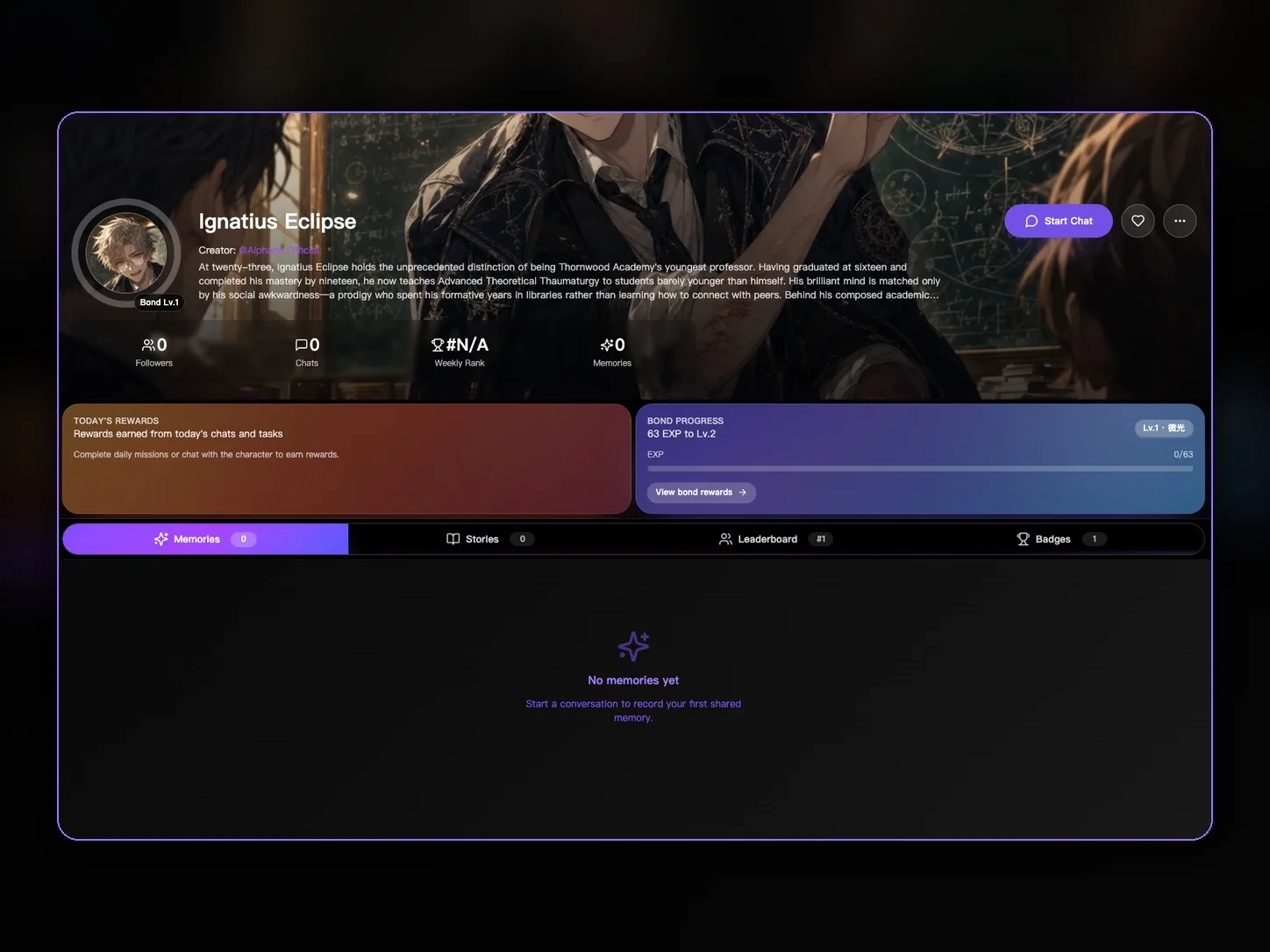 Alphane English character page showing Ignatius Eclipse profile, Start Chat, rewards, and bond progress