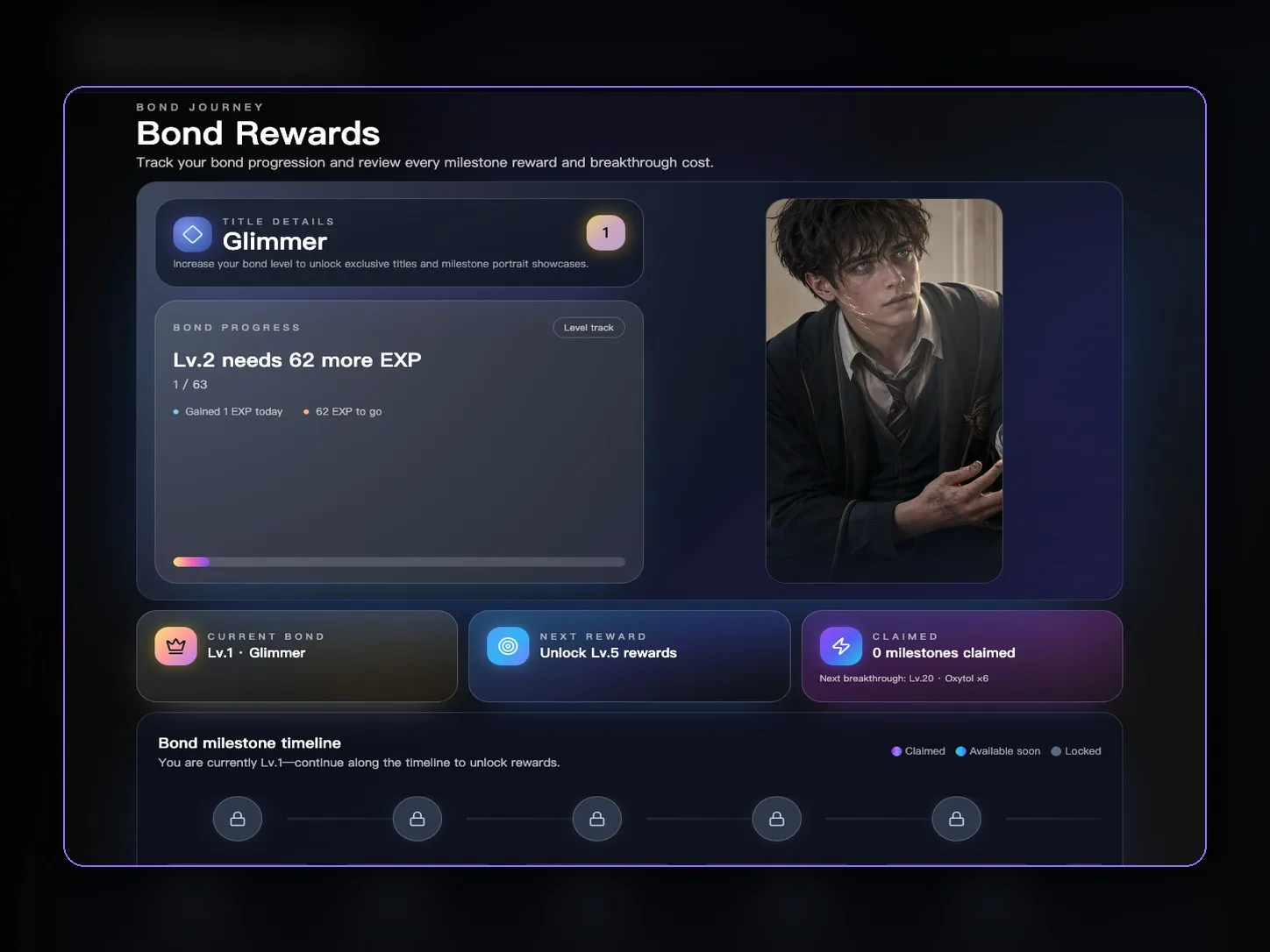 Alphane English Bond Rewards page showing relationship progress and milestone rewards