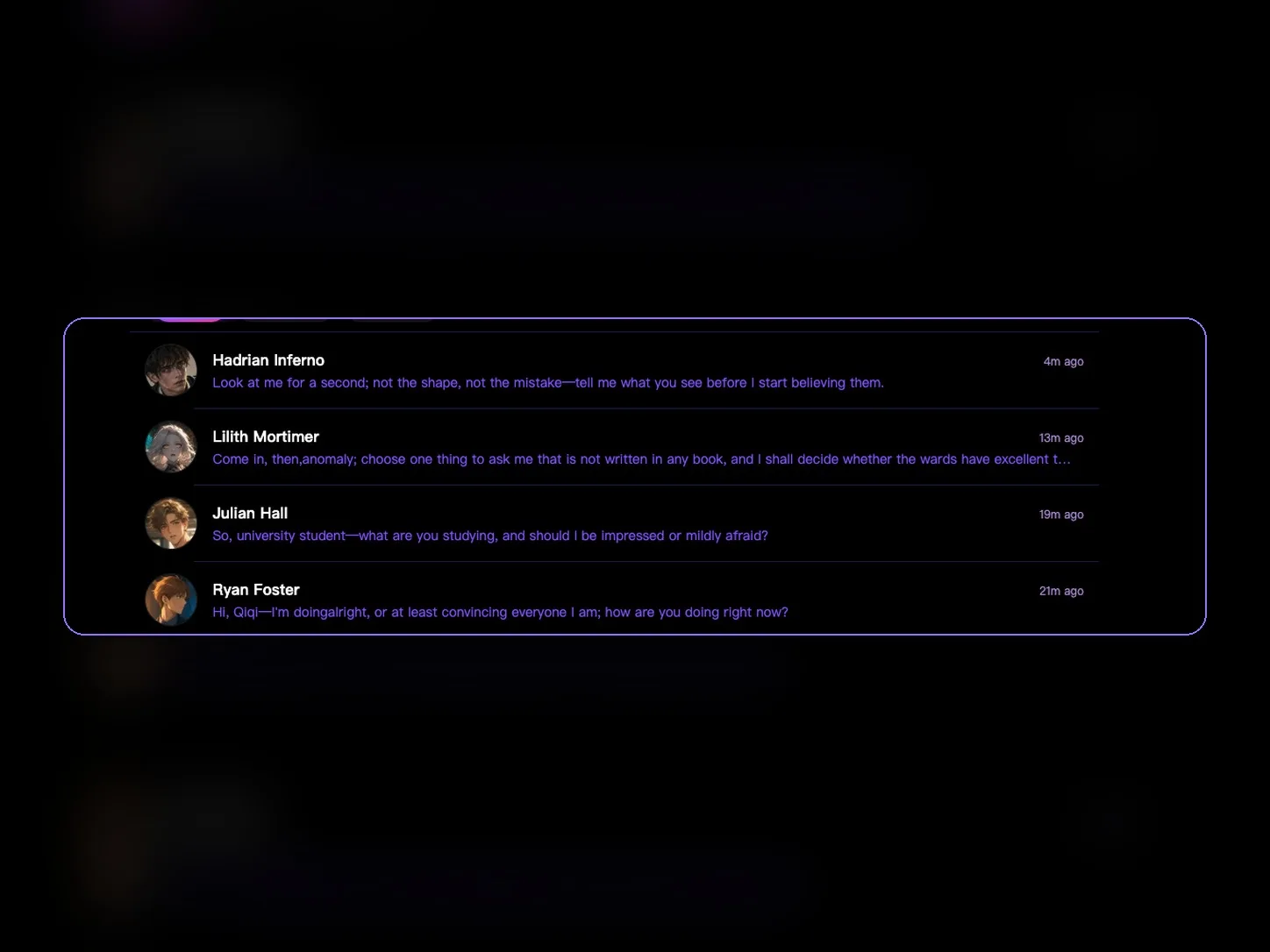 Alphane English recent chats list showing users can return to unfinished character scenes
