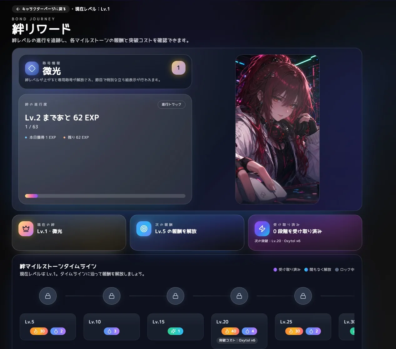 Alphane Japanese Bond Rewards page showing relationship levels, rewards, and milestones
